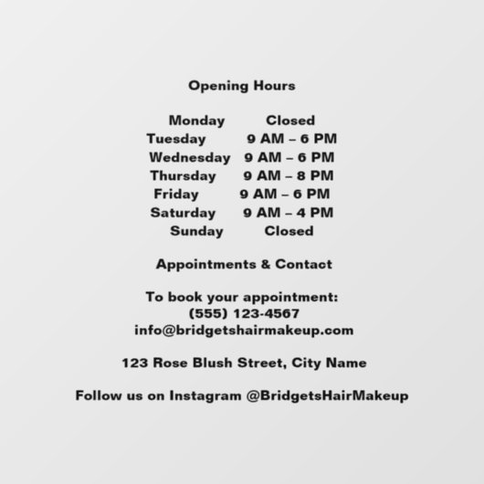 Minimal Black Transparent salon Opening Hours Raamsticker (Vel)