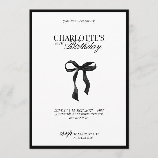 Minimal Black & White Bow Birthday Invitation Kaart (Voorkant)