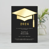 Minimal Black & White Gold Pet Afstudeerder Aankon Folie Uitnodiging (Staand Voorkant)