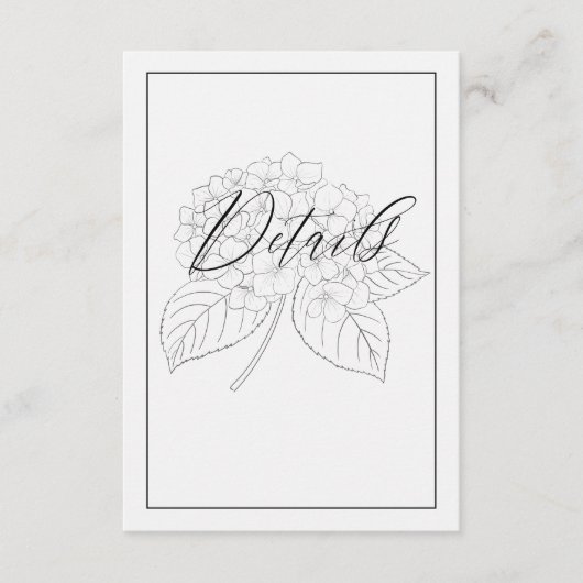 Minimal Black & White Hydrangea Wedding Details  Informatiekaartje (Voorkant)