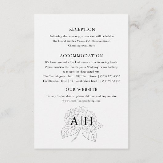 Minimal Black & White Hydrangea Wedding Details  Informatiekaartje (Achterkant)