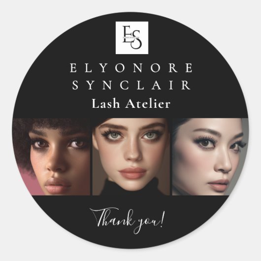 Minimal Black White Script Lash Photo Logo Ronde Sticker (Voorkant)