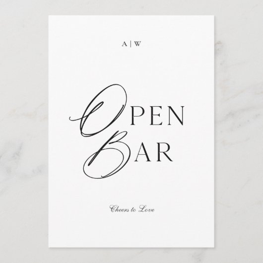 Minimal Black & White Wedding Open Bar Sign Kaart (Voorkant)