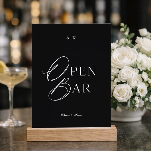 Minimal Black & White Wedding Open Bar Sign Kaart