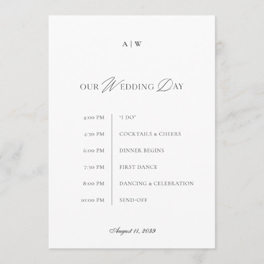 Minimal Black & White Wedding Timeline Card Kaart (Voorkant)
