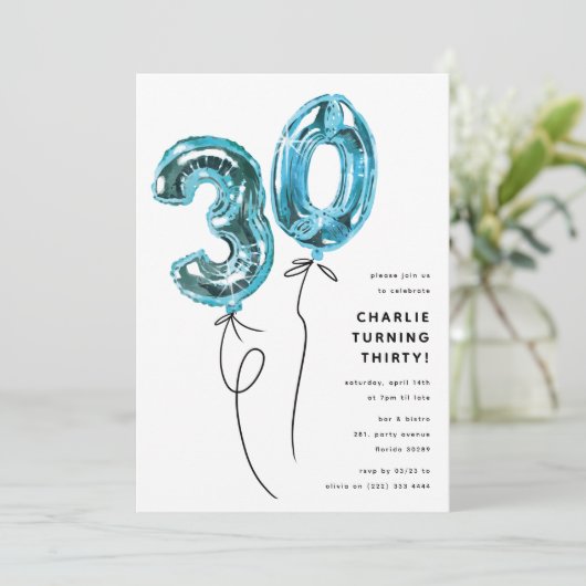Minimal Blue 30 Balloon 30ste verjaardagsfeest Kaart (Staand voorkant)
