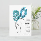 Minimal Blue 80 Balloon 80th Birthday Party Kaart (Staand voorkant)