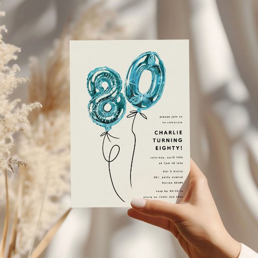 Minimal Blue 80 Balloon 80th Birthday Party Kaart