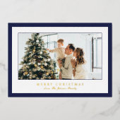 Minimal Blue Border Foto Elegant Kerstmis Folie Feestdagenkaart (Voorkant)