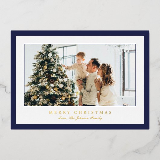 Minimal Blue Border Foto Elegant Kerstmis Folie Feestdagenkaart (Voorkant)