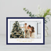 Minimal Blue Border Foto Elegant Kerstmis Folie Feestdagenkaart (Staand Voorkant)