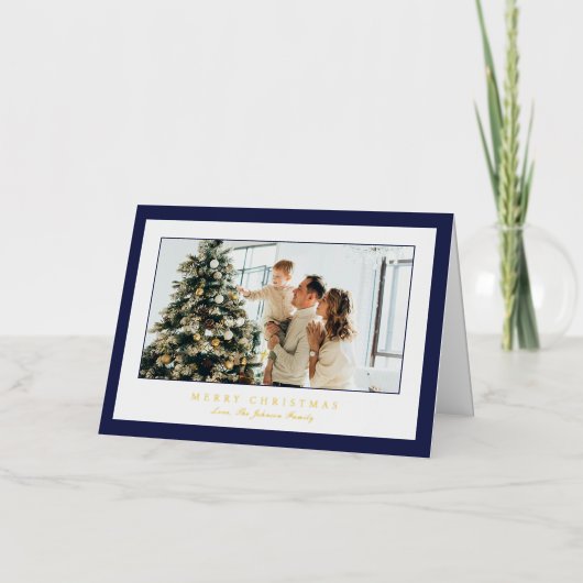 Minimal Blue Border Foto Elegant Kerstmis Folie Feestdagenkaart (Voorkant)