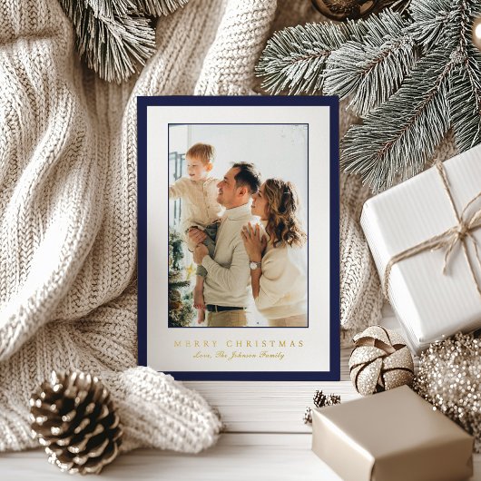 Minimal Blue Border Photo Elegant Christmas Folie Feestdagenkaart