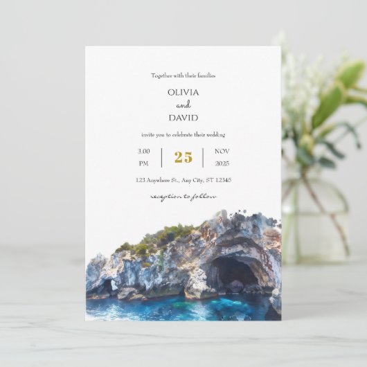 Minimal Blue Cliff Coastal Landscape Beach Wedding Kaart (Staand voorkant)