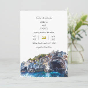 Minimal Blue Cliff Coastal Landscape Beach Wedding Kaart