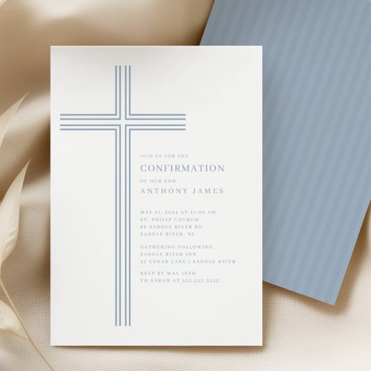 Minimal Blue Cross Confirmation Invitation Kaart