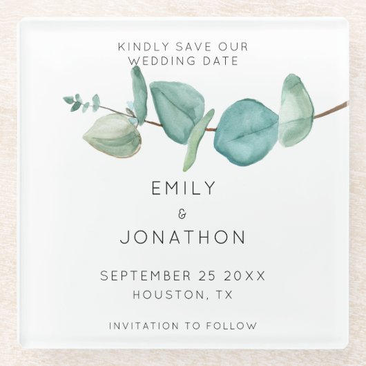 Minimal Blue Eucalyptus Keepsake Save the Date GLA Glazen Onderzetter (Voorkant)