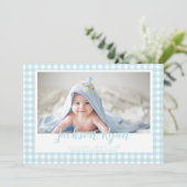 Minimal Blue Gingham Controleer patroon Foto Geboo Aankondiging (Staand voorkant)