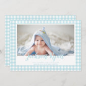 Minimal Blue Gingham Controleer patroon Foto Geboo Aankondiging (Voorkant / Achterkant)