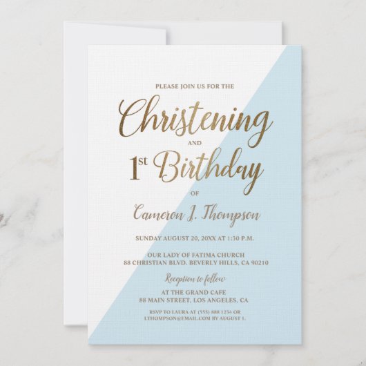 Minimal Blue Gold 1e verjaardag doop Kaart (Voorkant)