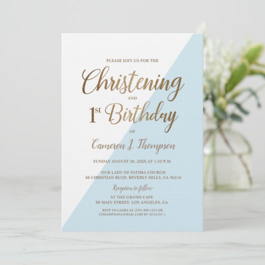 Minimal Blue Gold 1e verjaardag doop Kaart (Staand voorkant)