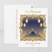 Minimal Blue & Gold Mosque Skyline Eid Mubarak  Briefkaart (Voorkant / Achterkant)