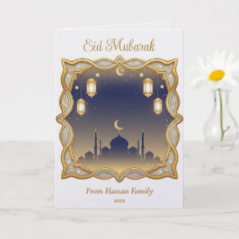 Minimal Blue & Gold Mosque Skyline Eid Mubarak  Kaart