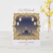 Minimal Blue & Gold Mosque Skyline Eid Mubarak  Kaart (Gele Bloem)