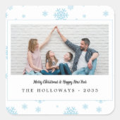 Minimal Blue Snowflakes Vakantiefoto Vierkante Sticker (Voorkant)