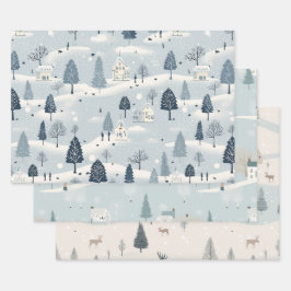 Minimal Blue Snowy Village Inpakpapier Vel