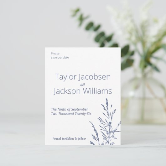 Minimal Blue Wedding Bewaar de datum (Staand voorkant)