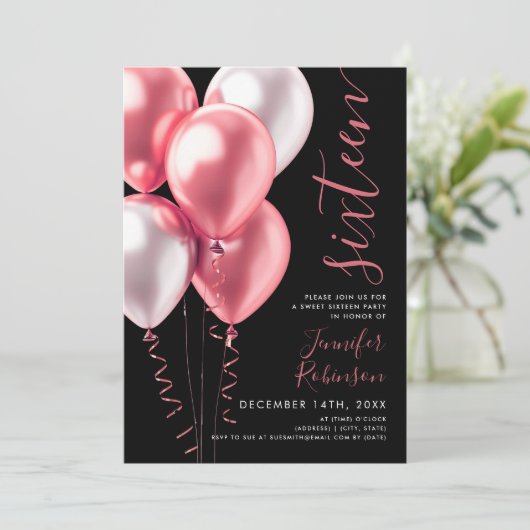 Minimal Blush Pink Balloons Sweet 16 Birthday Blac Kaart (Staand voorkant)