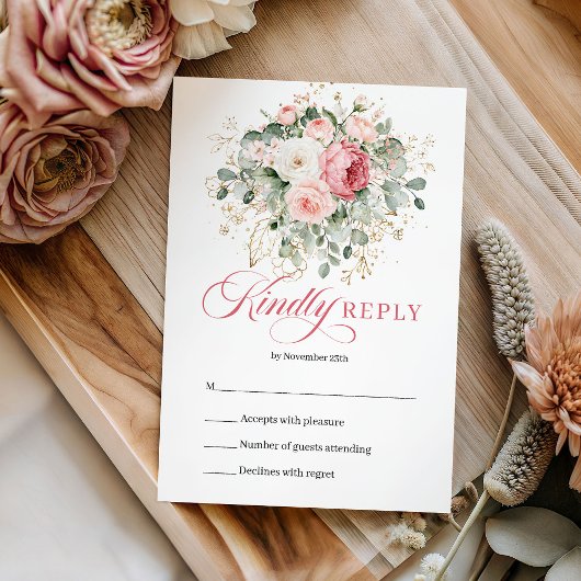 Minimal Blush Roses Greenery Gold Wedding RSVP Kaartje