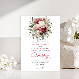 Minimal Bohemian Red Blush Floral Greenery Invites Kaart