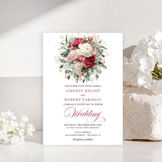 Minimal Bohemian Red Blush Floral Greenery Invites Kaart