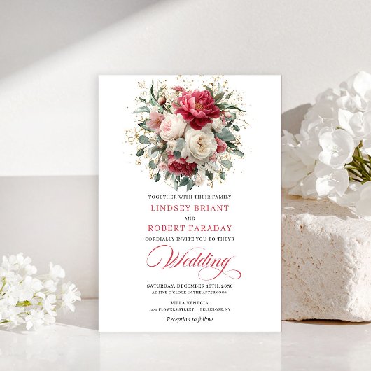 Minimal Bohemian Red White Gold Wedding Invitation Kaart