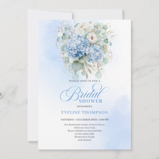 Minimal Boho Blue Floral Bridal Shower Invitation Kaart (Voorkant)