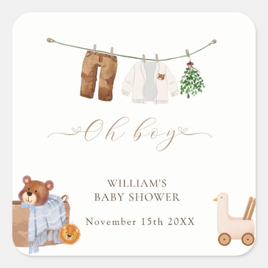 Minimal Boho Boy Kleding Baby shower Vierkante Sticker (Voorkant)