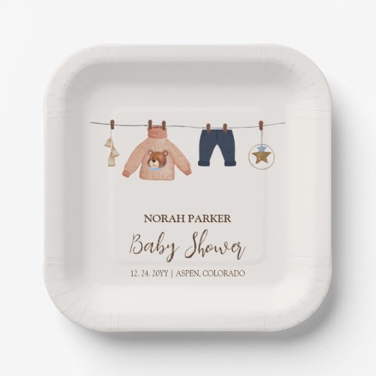Minimal Boho Boy Winter Clothesline Baby shower Papieren Bordje (Voorkant)