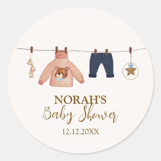 Minimal Boho Boy Winter Clothesline Baby shower Ronde Sticker (Voorkant)