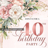 Minimal Boho Dusty Pink Floral Gold 40th Birthday Kaart