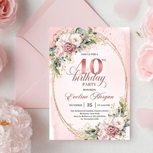 Minimal Boho Dusty Pink Floral Gold 40th Birthday Kaart