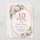 Minimal Boho Dusty Pink Floral Gold 40th Birthday Kaart (Voorkant)