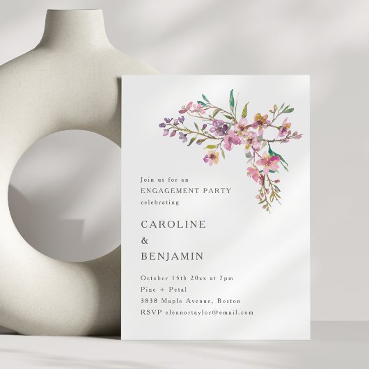Minimal Boho Pink Wildflowers Engagement Party Kaart