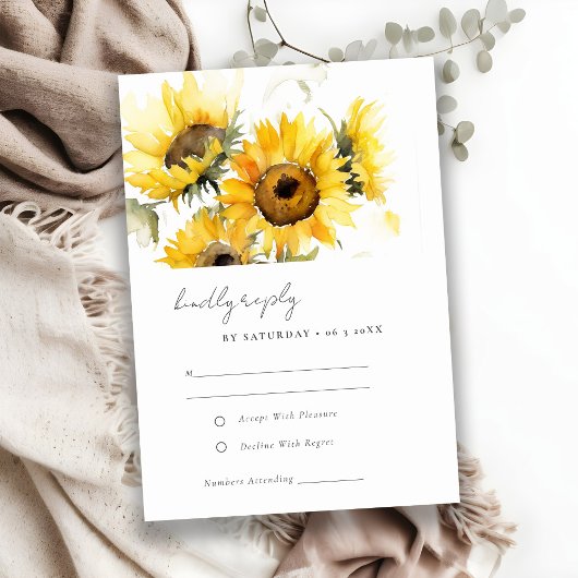 Minimal Boho Rustieke Zonnebloem Waterverf bruilof RSVP Kaartje