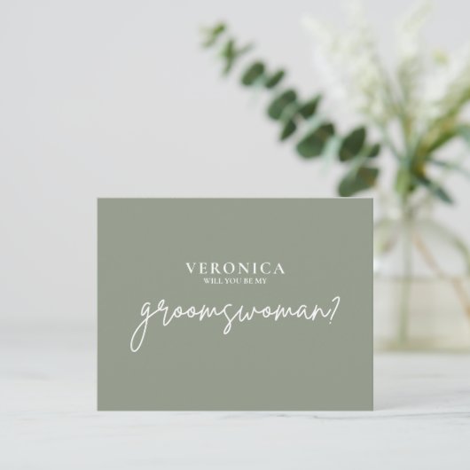Minimal Boho Sage Green Groomswoman Proposal Kaart (Staand voorkant)