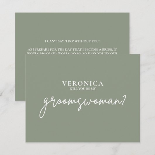 Minimal Boho Sage Green Groomswoman Proposal Kaart (Voorkant / Achterkant)