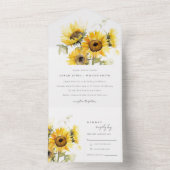 Minimal Boho Waterverf Zonnebloem bruiloft All In One Uitnodiging (Binnen)