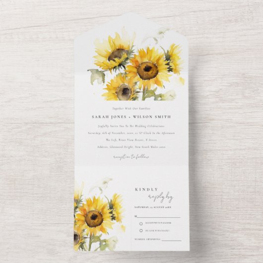 Minimal Boho Waterverf Zonnebloem bruiloft All In One Uitnodiging (Binnen)