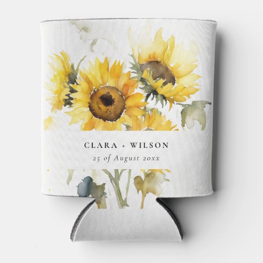 Minimal Boho Waterverf Zonnebloem Rustiek Huwelijk Blikjeskoeler (Voorkant)